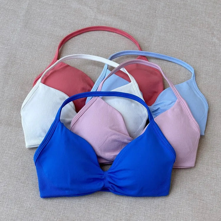 With Logo DF Women Seamless Halter Sports Bra Deep V | OWNLUXE