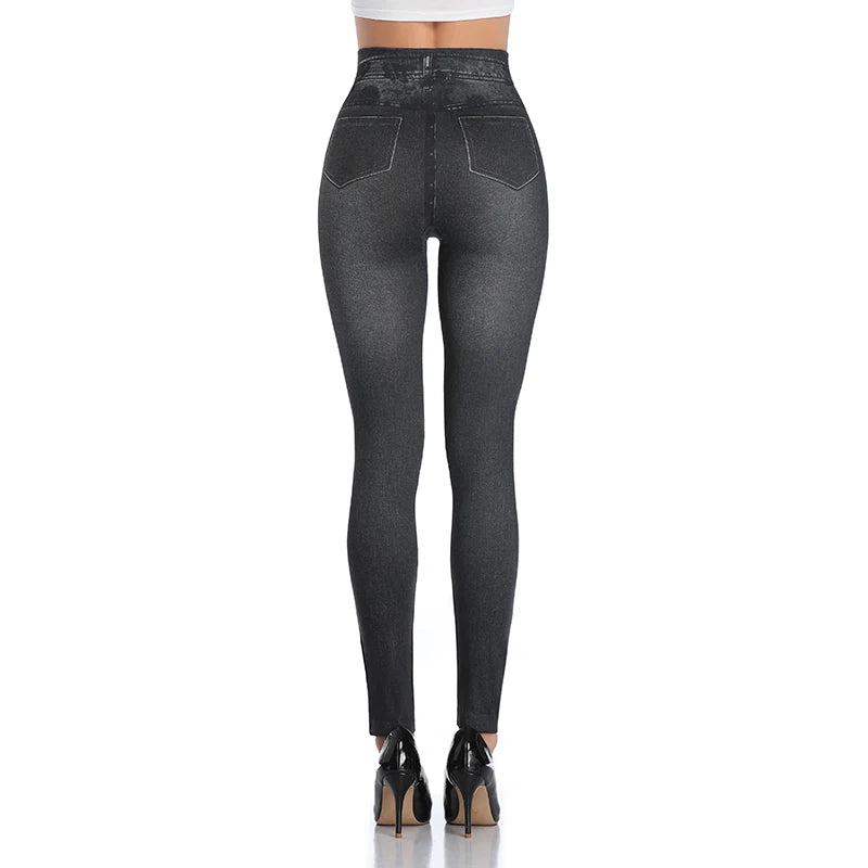 Faux Denim Leggings - High Waist Tummy Control Jeggings