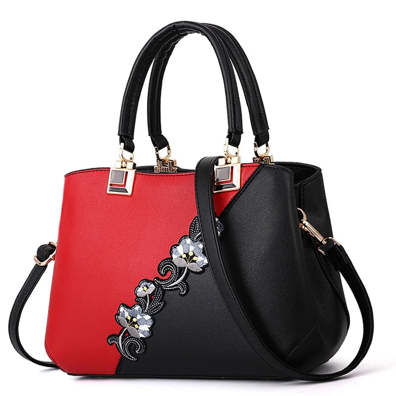 Embroidered PU Leather Shoulder Bag – Structured Frame Tote with Floral Details