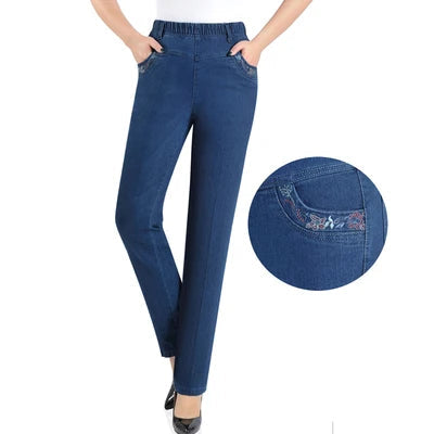 Women’s Embroidered Straight-Leg Jeans – High-Waist