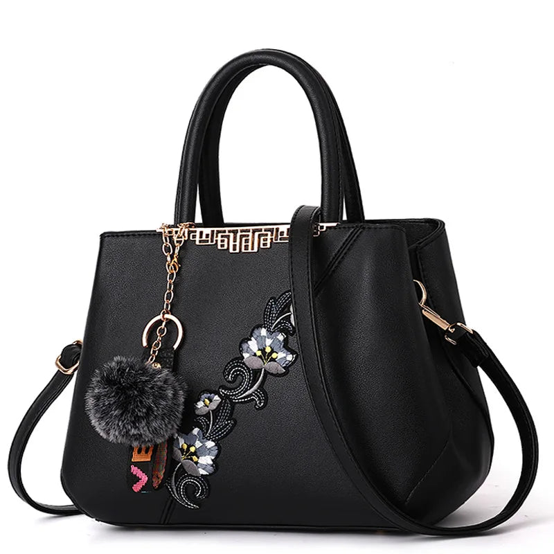 Embroidered PU Leather Shoulder Bag – Structured Frame Tote with Floral Details