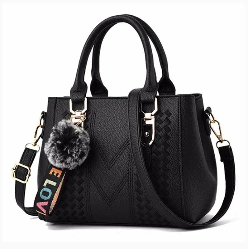 Embroidered Messenger Bag with Pom-Pom Detail - Soft PU Leather Crossbody Handbag