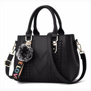 Embroidered Messenger Bag with Pom-Pom Detail - Soft PU Leather Crossbody Handbag