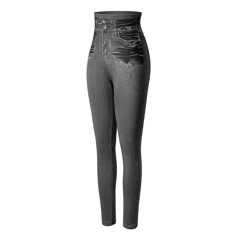 Faux Denim Leggings - High Waist Tummy Control Jeggings