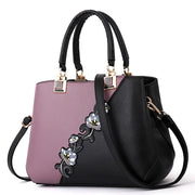 Embroidered PU Leather Shoulder Bag – Structured Frame Tote with Floral Details