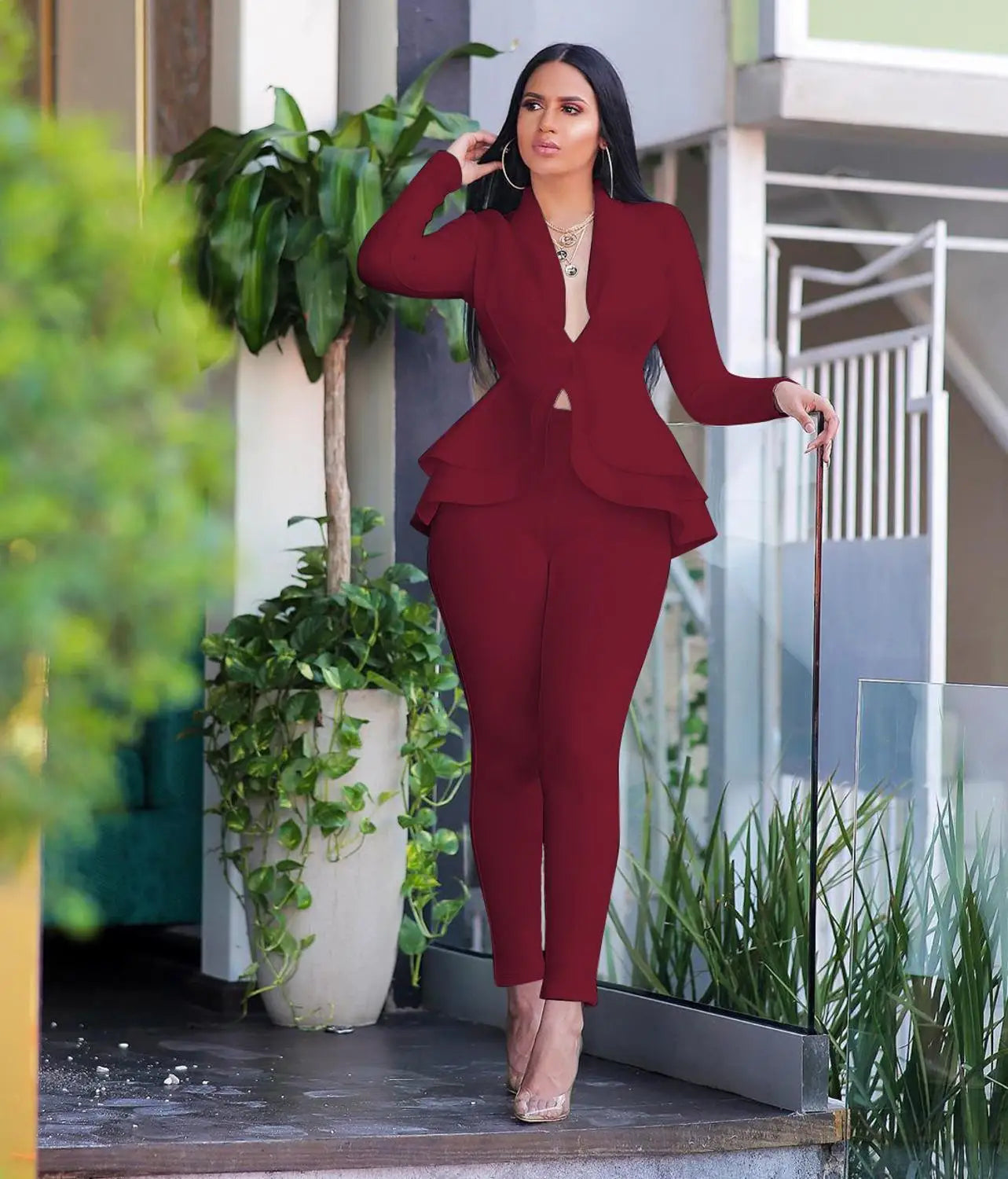 ✨ Women’s Winter 2-Piece Set – Knee-Length Hollow-Out Shirt & Full-Length Pants | Ensemble 2 pièces d’hiver pour femme – Chemise mi-longue ajourée et pantalon long