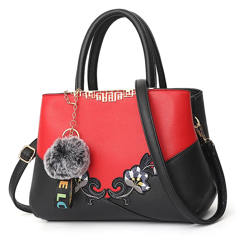Embroidered PU Leather Shoulder Bag – Structured Frame Tote with Floral Details