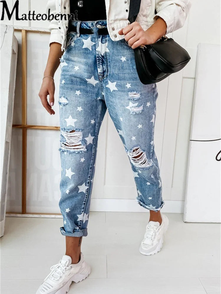 2025 Autumn Boyfriend Jeans - Slim Ripped Jeans with Star Detail