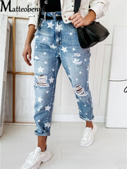 2025 Autumn Boyfriend Jeans - Slim Ripped Jeans with Star Detail