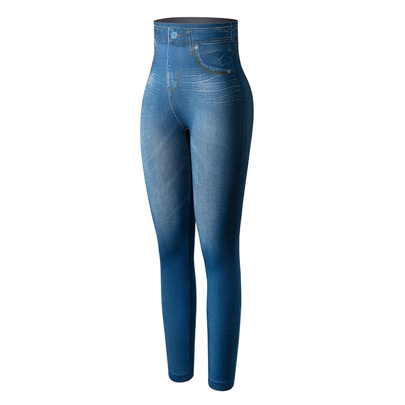 Faux Denim Leggings - High Waist Tummy Control Jeggings
