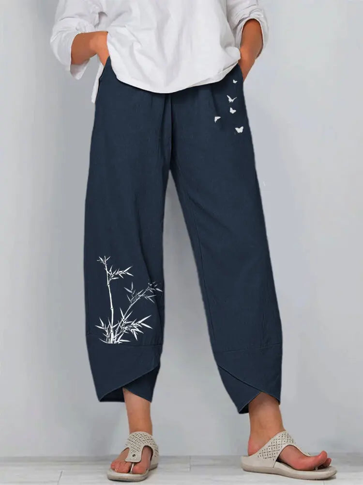 Women's Vintage Print Cargo Pants - High Waist Straight Leg Trousers