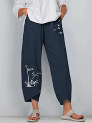 Women's Vintage Print Cargo Pants - High Waist Straight Leg Trousers