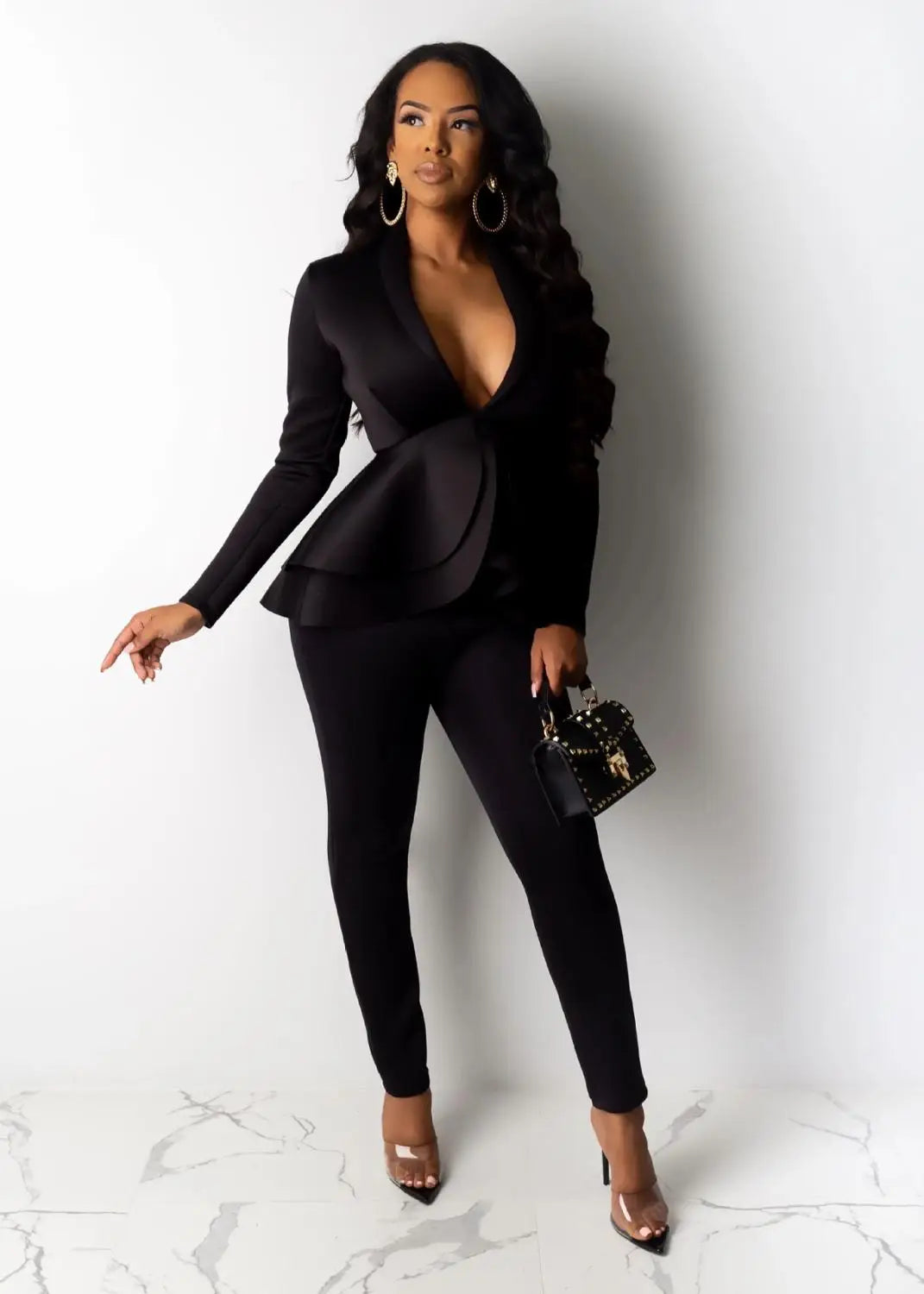 ✨ Women’s Winter 2-Piece Set – Knee-Length Hollow-Out Shirt & Full-Length Pants | Ensemble 2 pièces d’hiver pour femme – Chemise mi-longue ajourée et pantalon long