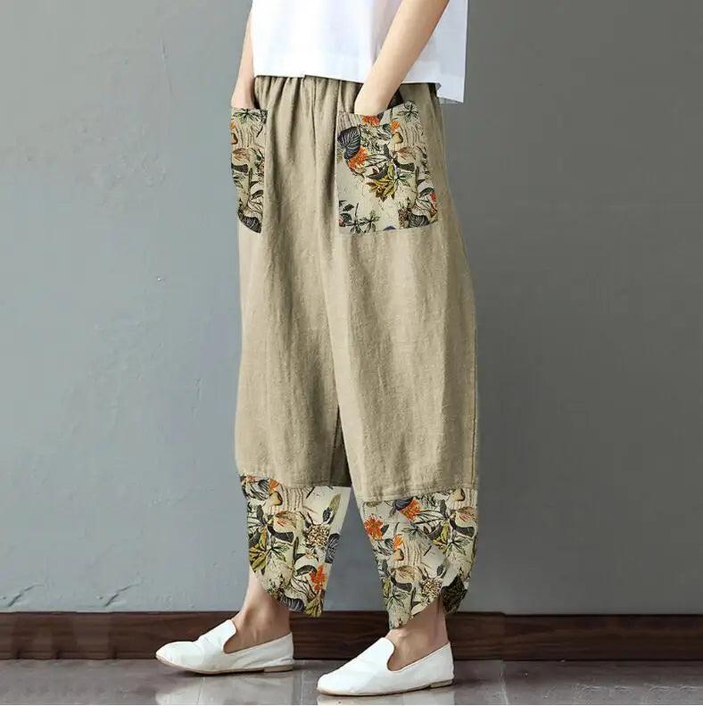 Women's Vintage Print Cargo Pants - High Waist Straight Leg Trousers