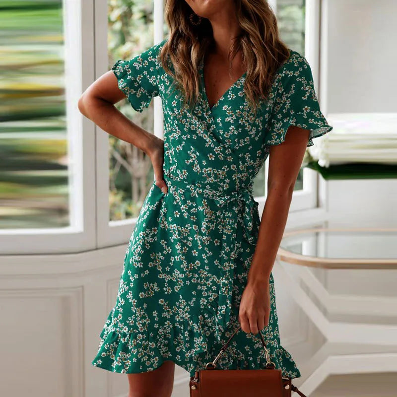 Women's Short Sleeve V-Neck Floral Dress | OWNLUXE