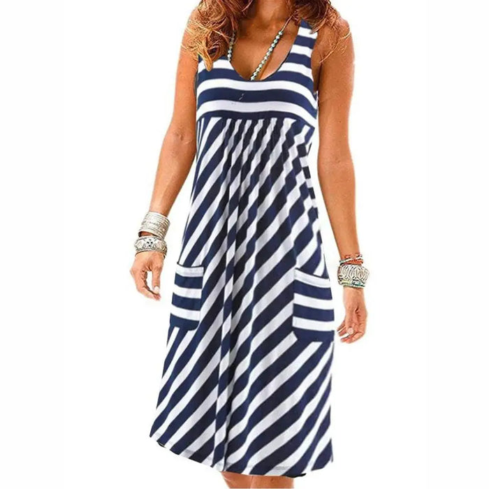 Striped Jersey Midi Dress with Pockets - Casual Sleeveless Dress