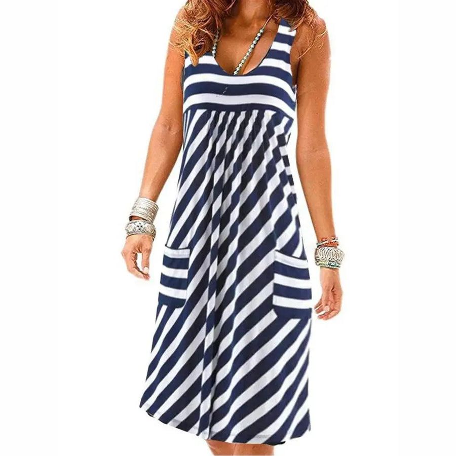 Striped Jersey Midi Dress with Pockets - Casual Sleeveless Dress