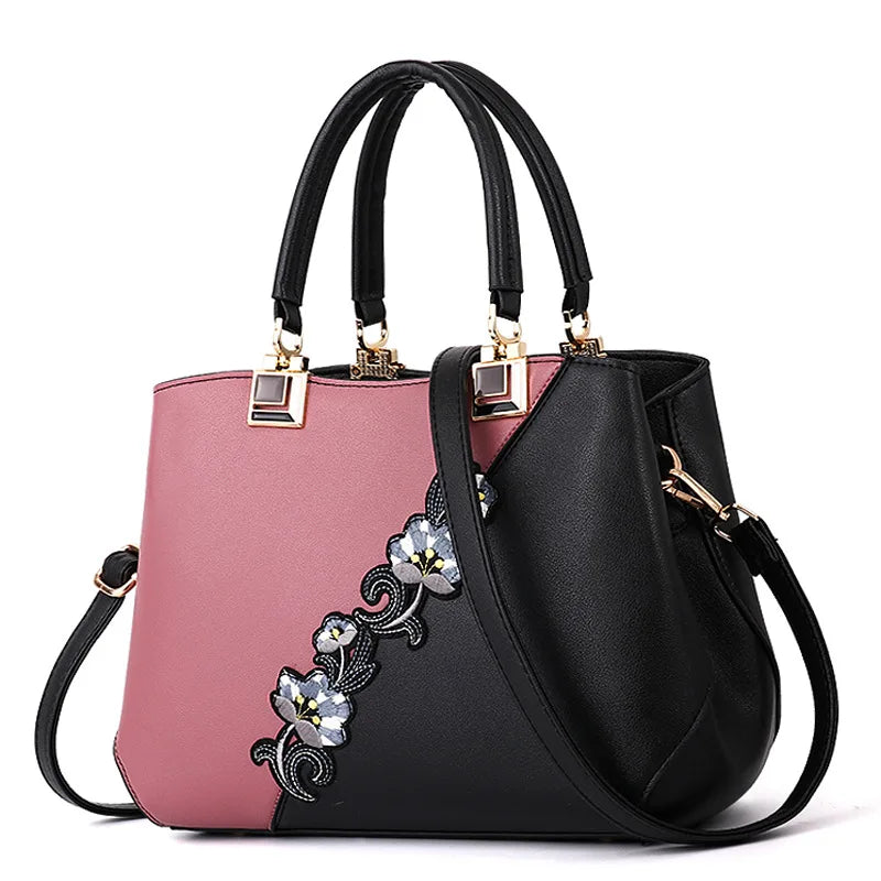 Embroidered PU Leather Shoulder Bag – Structured Frame Tote with Floral Details