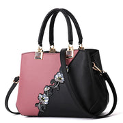 Embroidered PU Leather Shoulder Bag – Structured Frame Tote with Floral Details