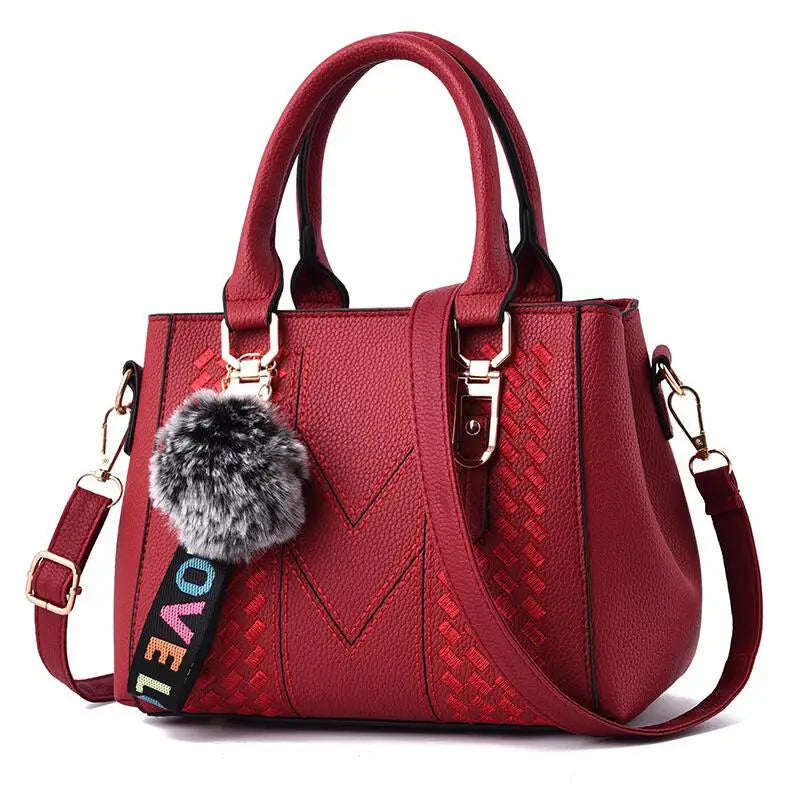Embroidered Messenger Bag with Pom-Pom Detail - Soft PU Leather Crossbody Handbag