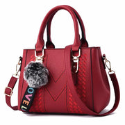 Embroidered Messenger Bag with Pom-Pom Detail - Soft PU Leather Crossbody Handbag