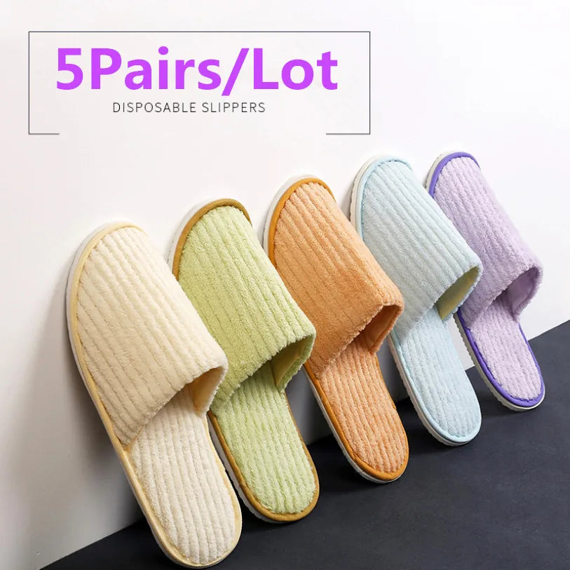 Disposable Hotel Spa Slippers – 5 Pairs Plush Cotton Slides