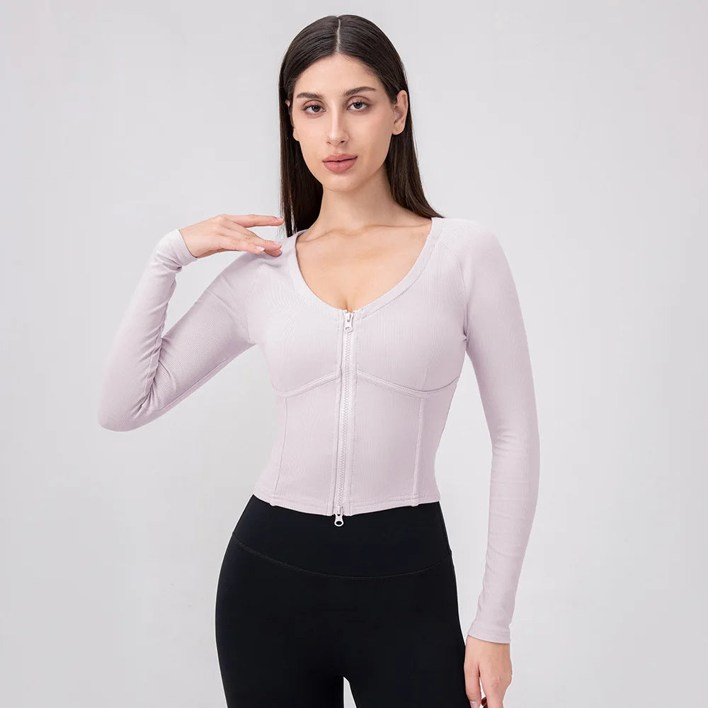 Ribbed V-Neck Zip Crop Jacket – Slim Fit Layer