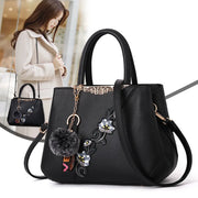 Embroidered PU Leather Shoulder Bag – Structured Frame Tote with Floral Details