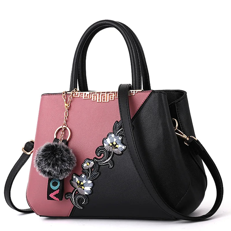 Embroidered PU Leather Shoulder Bag – Structured Frame Tote with Floral Details