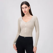 Ribbed V-Neck Zip Crop Jacket – Slim Fit Layer