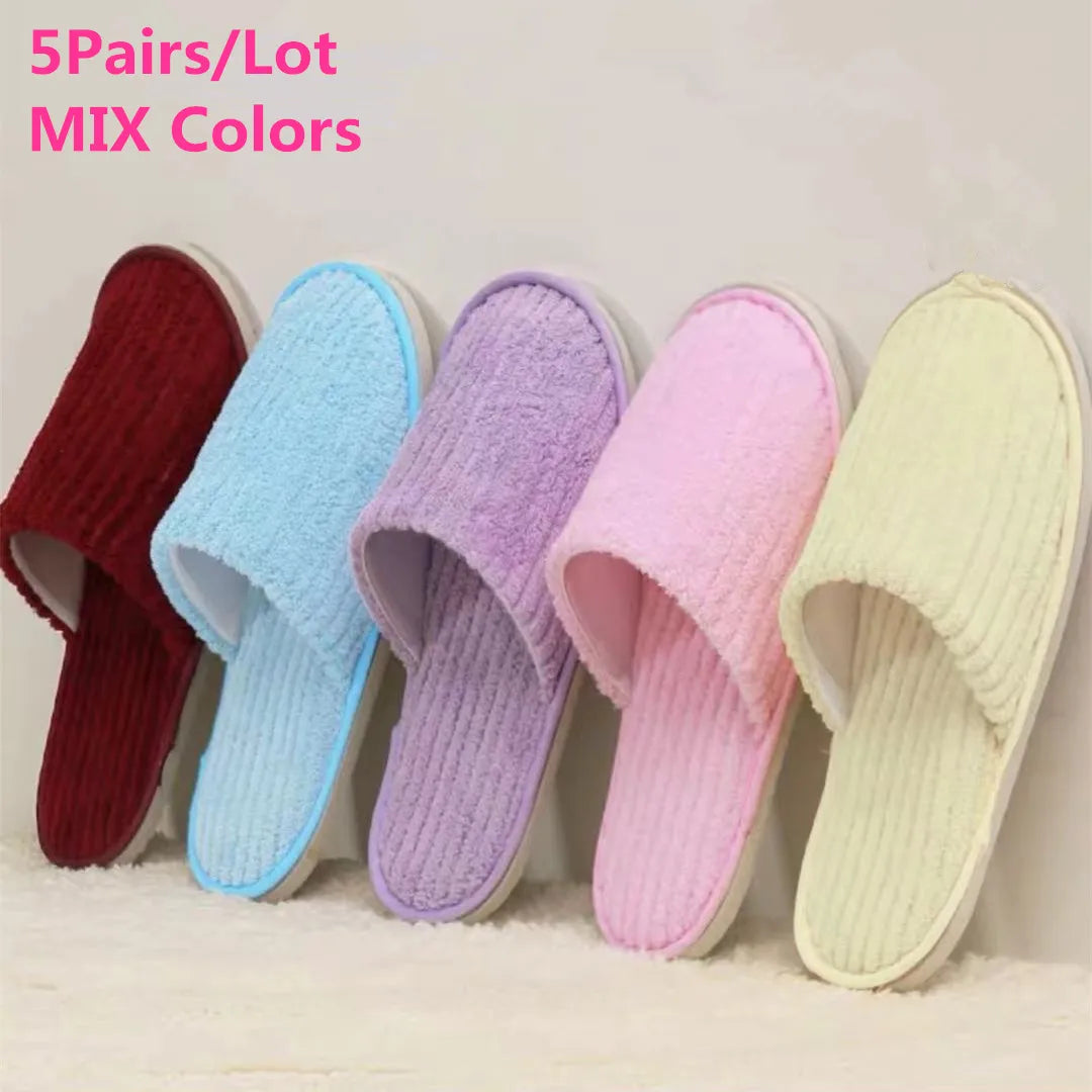 Disposable Hotel Spa Slippers – 5 Pairs Plush Cotton Slides