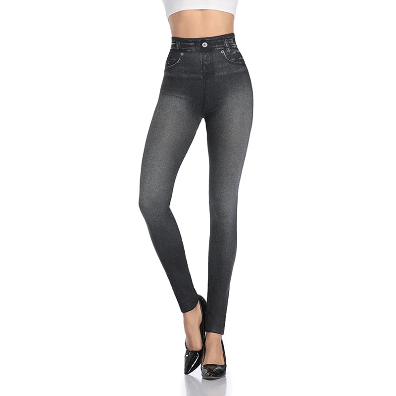 Faux Denim Leggings - High Waist Tummy Control Jeggings