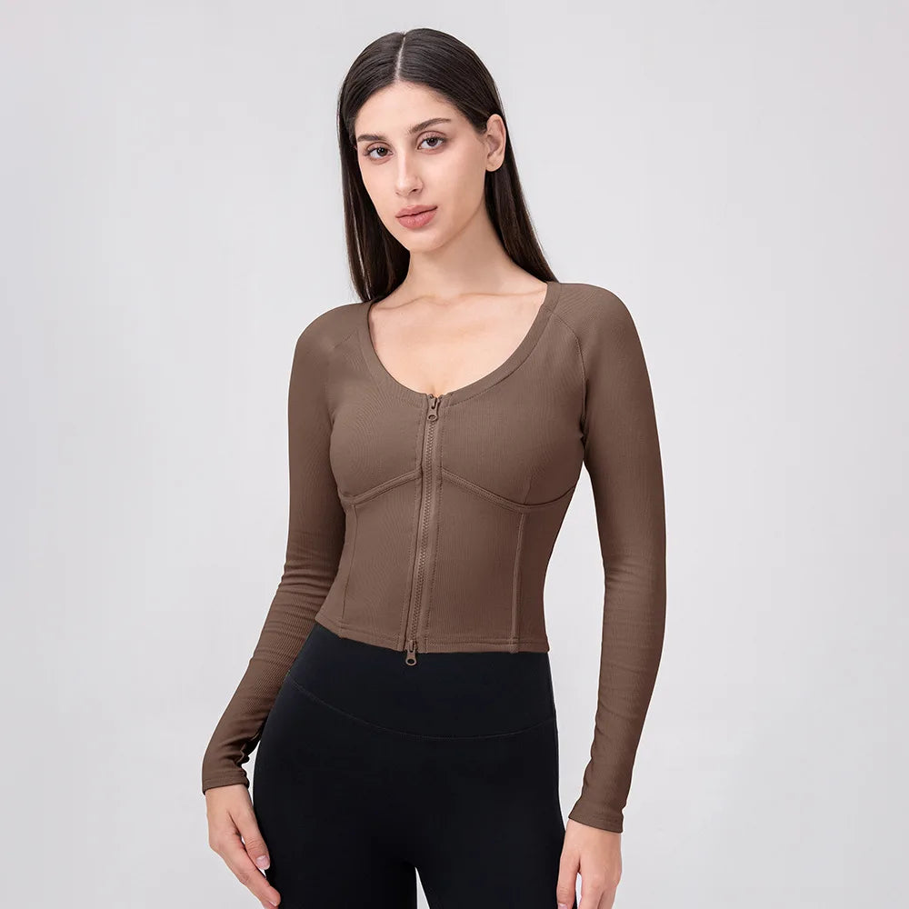 Ribbed V-Neck Zip Crop Jacket – Slim Fit Layer