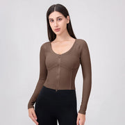 Ribbed V-Neck Zip Crop Jacket – Slim Fit Layer