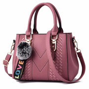 Embroidered Messenger Bag with Pom-Pom Detail - Soft PU Leather Crossbody Handbag