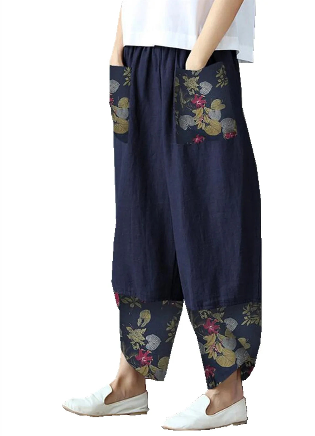 Women's Vintage Print Cargo Pants - High Waist Straight Leg Trousers