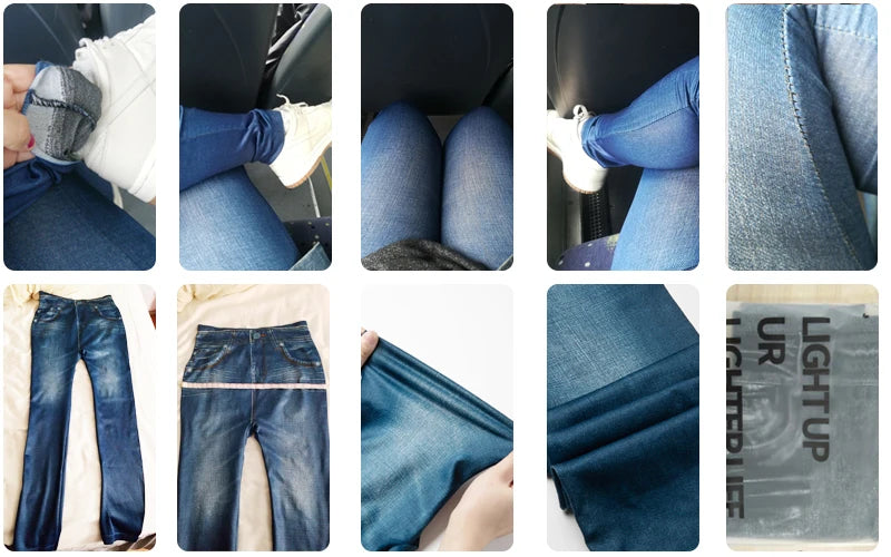 Faux Denim Leggings - High Waist Tummy Control Jeggings