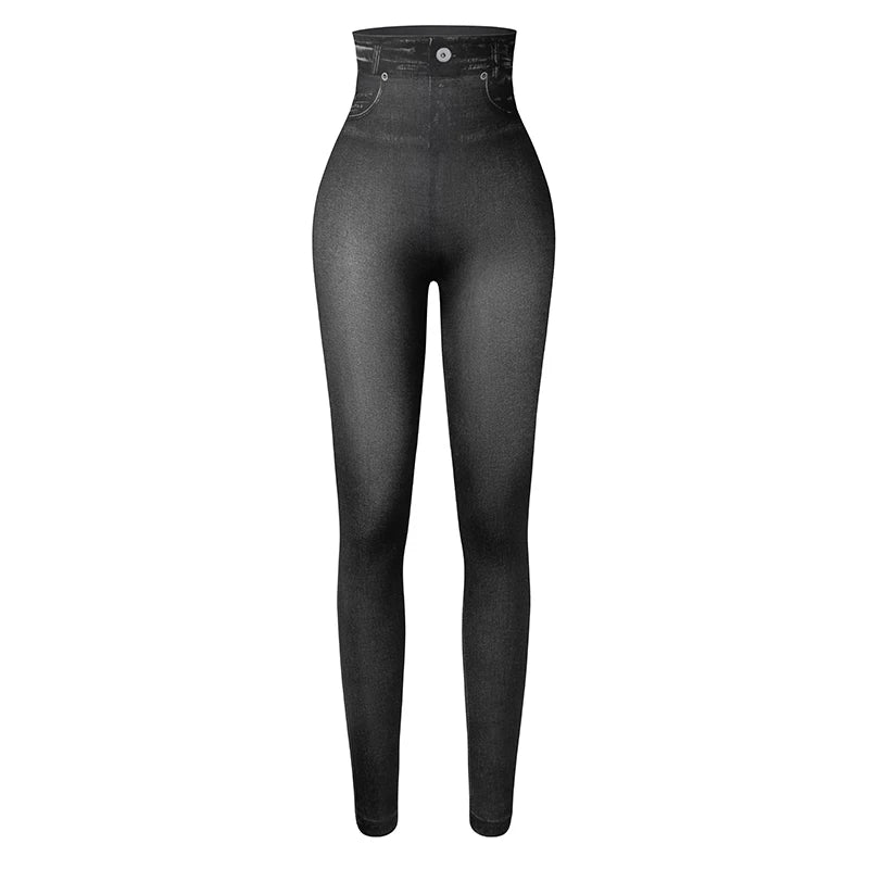 Faux Denim Leggings - High Waist Tummy Control Jeggings