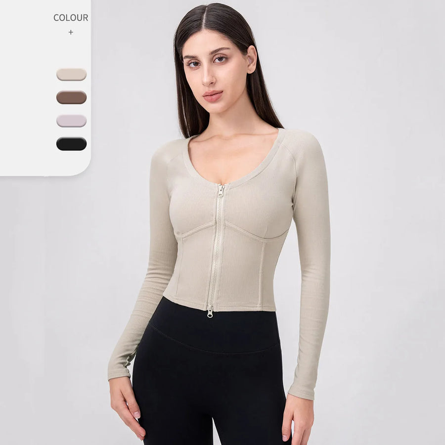 Ribbed V-Neck Zip Crop Jacket – Slim Fit Layer