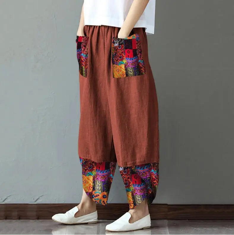 Women's Vintage Print Cargo Pants - High Waist Straight Leg Trousers