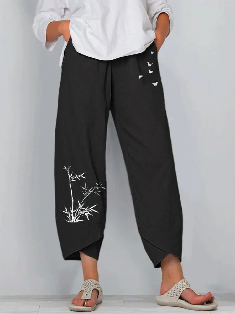 Women's Vintage Print Cargo Pants - High Waist Straight Leg Trousers