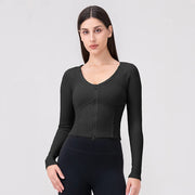 Ribbed V-Neck Zip Crop Jacket – Slim Fit Layer