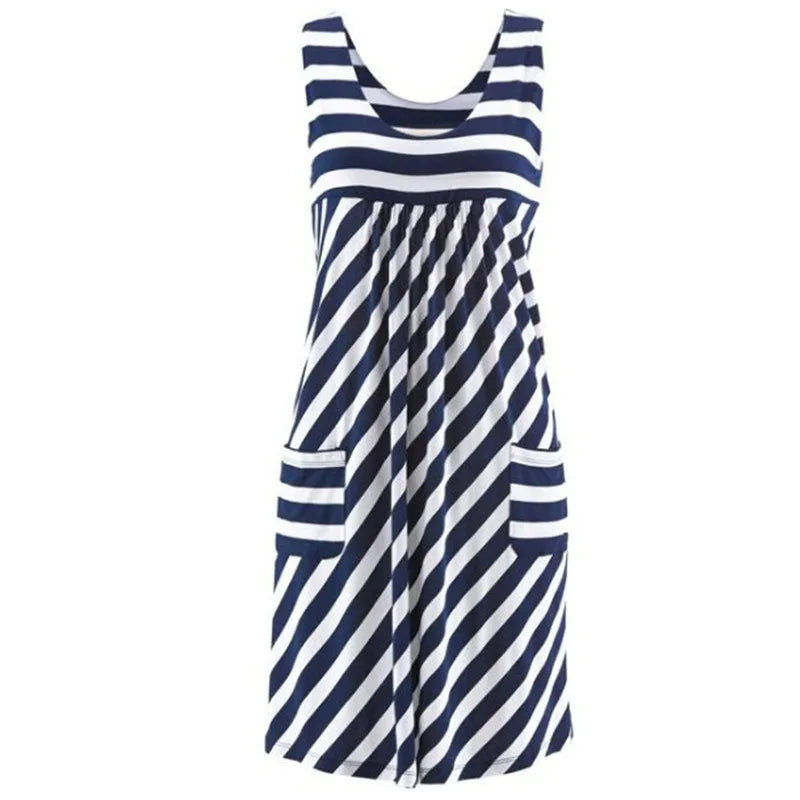 Striped Jersey Midi Dress with Pockets - Casual Sleeveless Dress