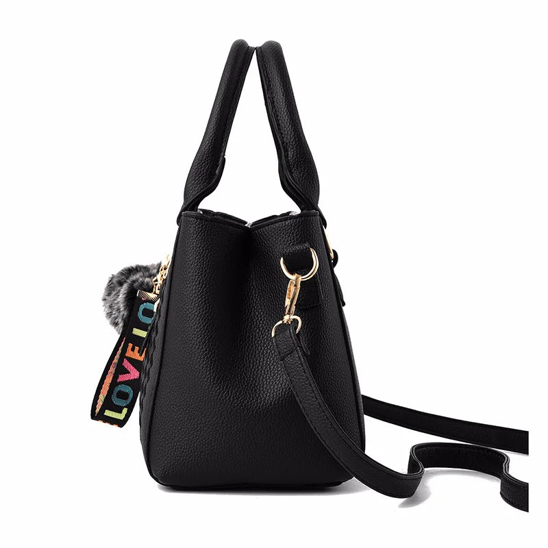 Embroidered Messenger Bag with Pom-Pom Detail - Soft PU Leather Crossbody Handbag
