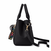 Embroidered Messenger Bag with Pom-Pom Detail - Soft PU Leather Crossbody Handbag