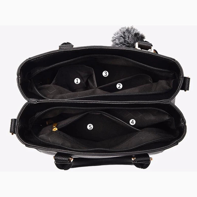 Embroidered Messenger Bag with Pom-Pom Detail - Soft PU Leather Crossbody Handbag