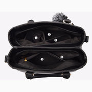 Embroidered Messenger Bag with Pom-Pom Detail - Soft PU Leather Crossbody Handbag
