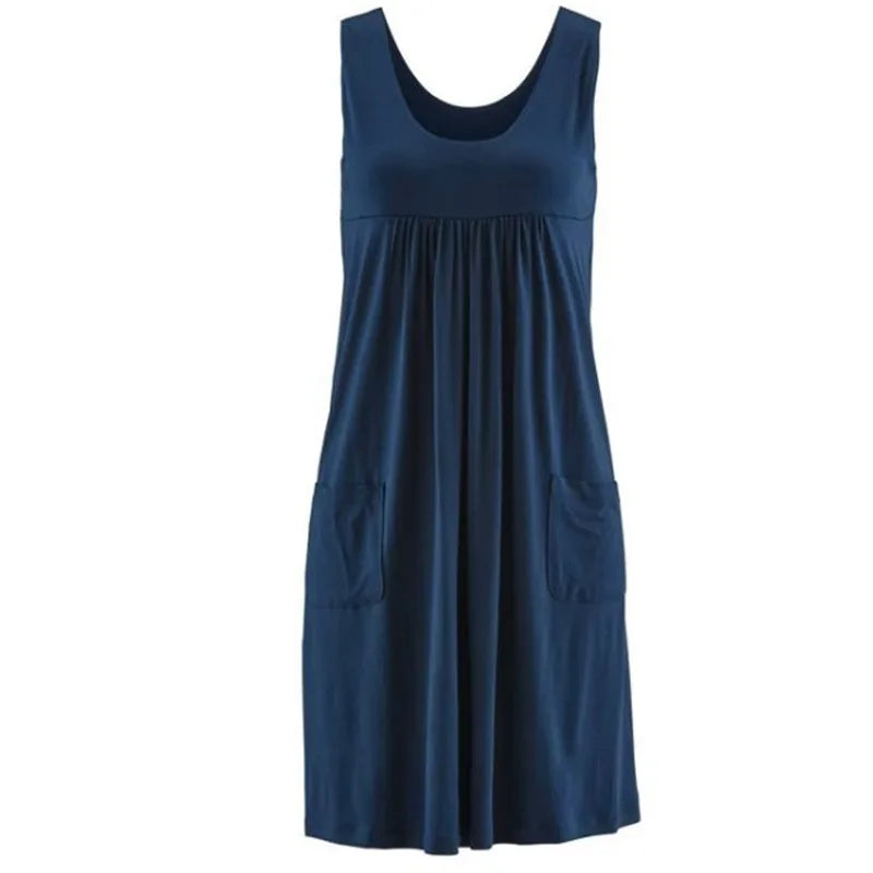 Striped Jersey Midi Dress with Pockets - Casual Sleeveless Dress