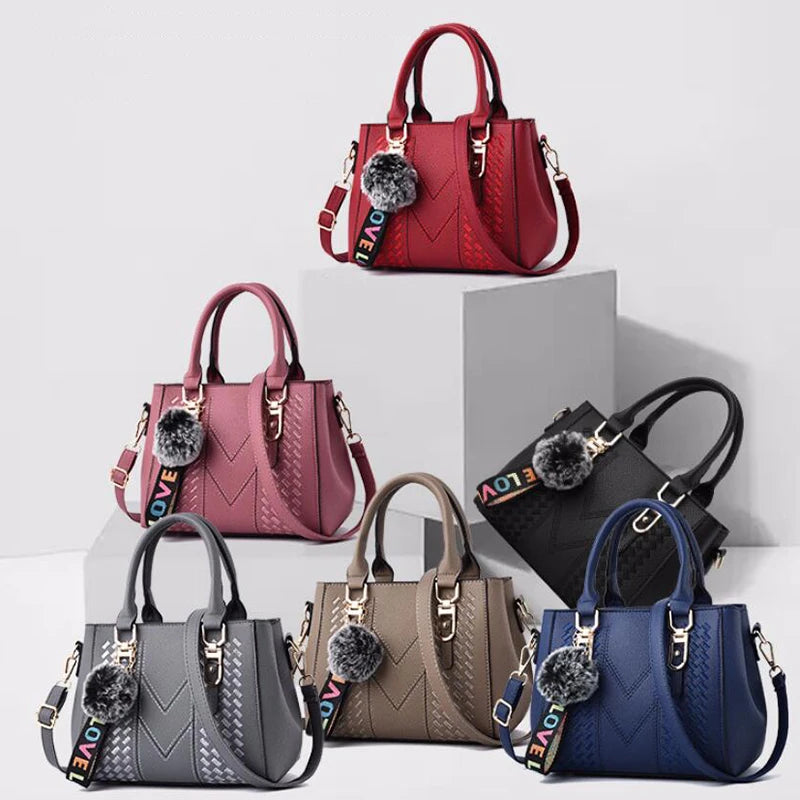 Embroidered Messenger Bag with Pom-Pom Detail - Soft PU Leather Crossbody Handbag