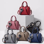 Embroidered Messenger Bag with Pom-Pom Detail - Soft PU Leather Crossbody Handbag